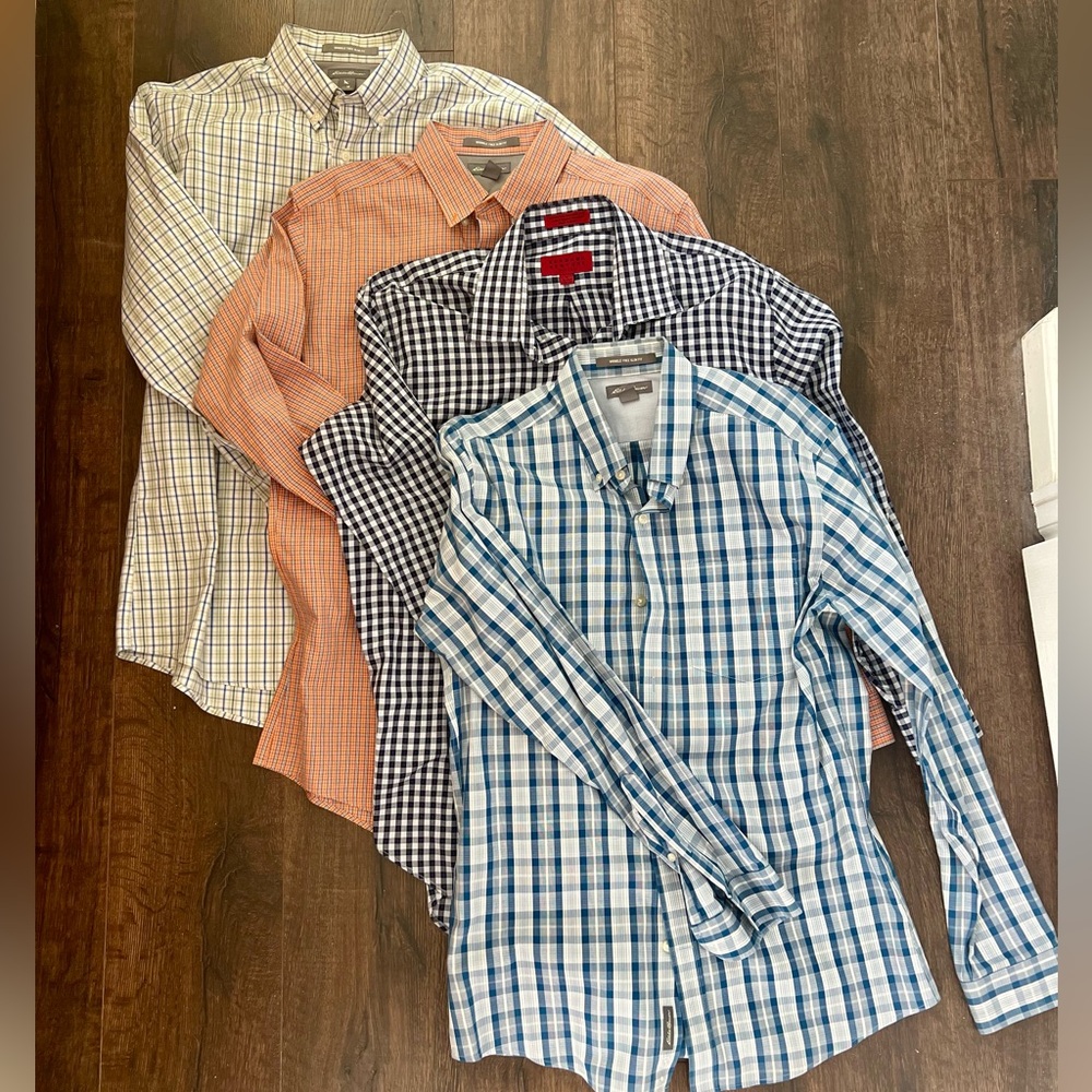 Four Eddie Bauer men’s button up long sleeve shirts